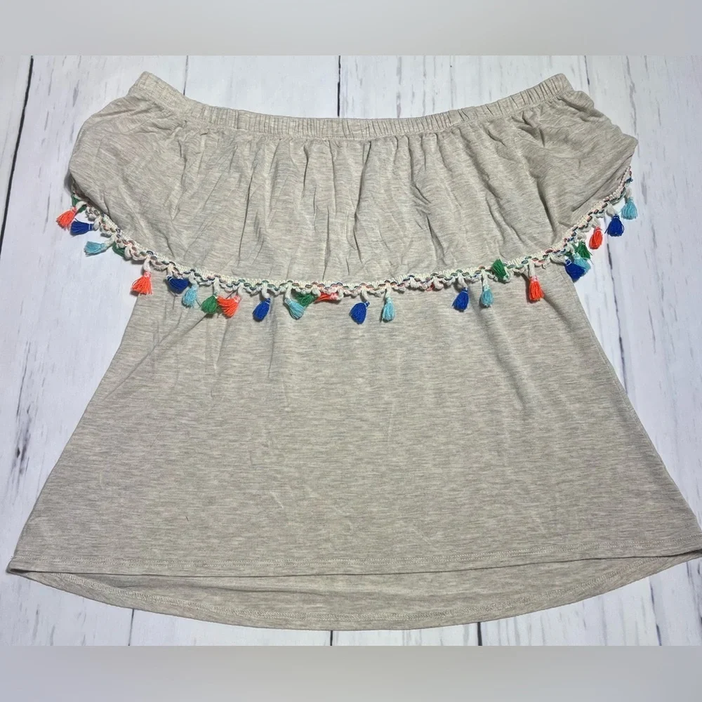 2/$20 Sale Pebble and Stone Off-The-Shoulder Fringe Top - Picture 1 of 3